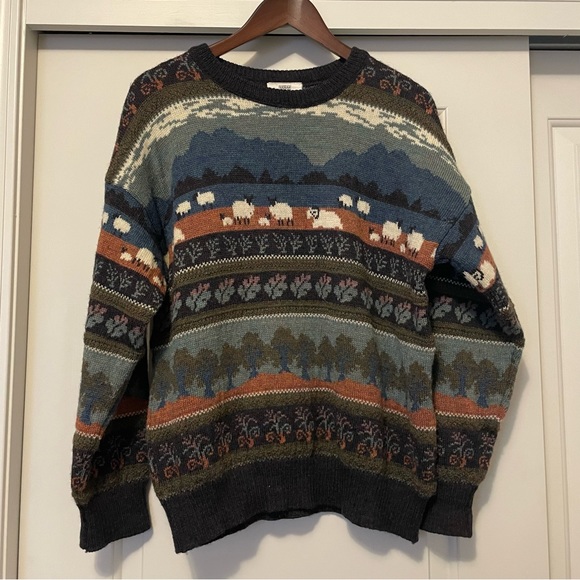 Vintage Cottagecore 100% Wool Sheep Lambs Sweater Countryside Mountains Nature - Picture 1 of 9